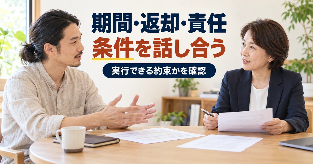 秘密保持の期間・返却・責任について資料を見ながら話し合う二人