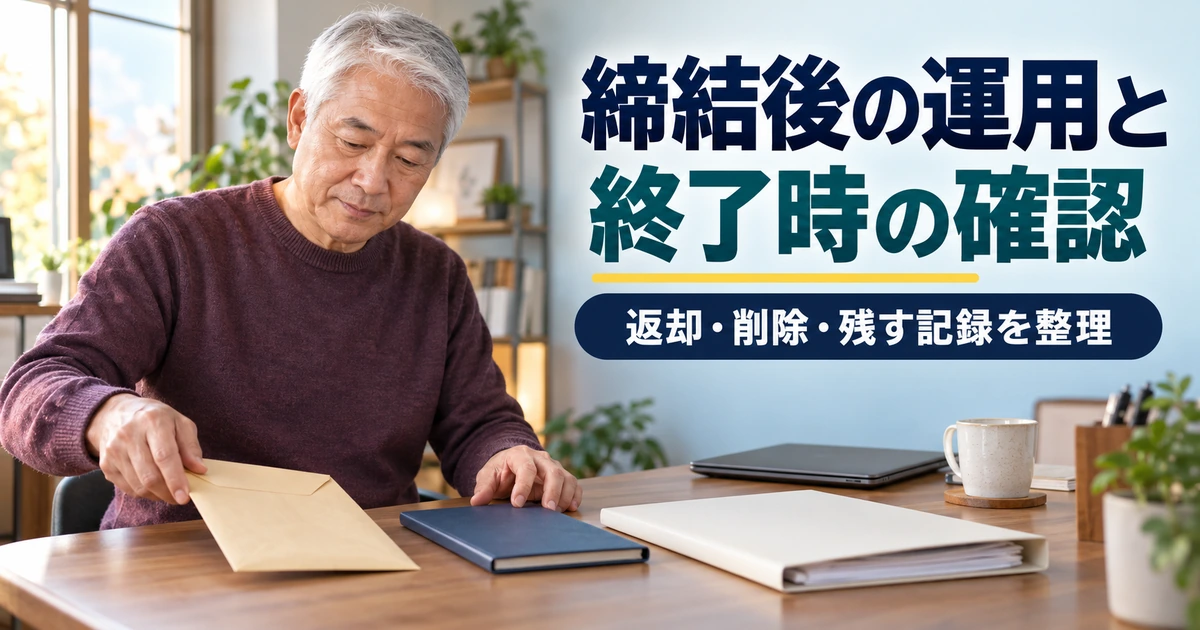 契約終了時の返却物と残す記録を机の上で確認する男性