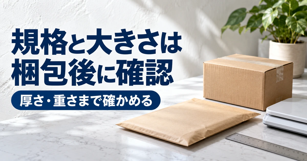 封筒と小箱の梱包後の大きさと重さを確認する道具