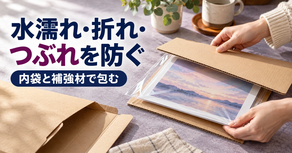 紙の作品を内袋と補強板で保護する自然な手元