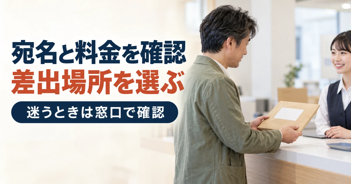封筒を持って発送前の確認をする利用者と受付カウンターの場面