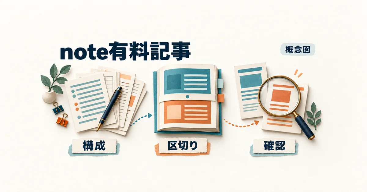 原稿の構成を整え、無料と有料の境界を決め、公開前後の表示を確認する三段階の概念図