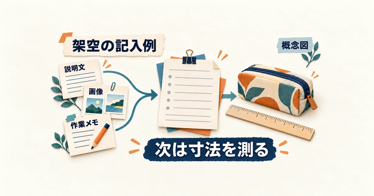 商品説明、サンプル画像、作業メモの三件の架空記録を整理し、次の動作として寸法を測る例を示した図