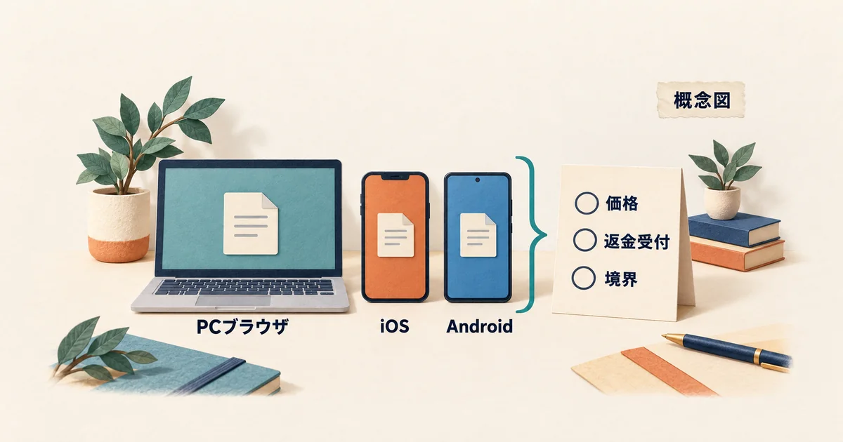 PCブラウザとiOS・Androidで、価格、返金受付、有料境界を確認することを示した概念図