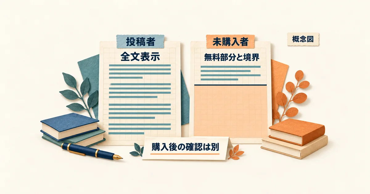 投稿者には全文が見え、未購入者向けには無料部分と有料境界を確認し、購入後の動作確認とは分ける概念図