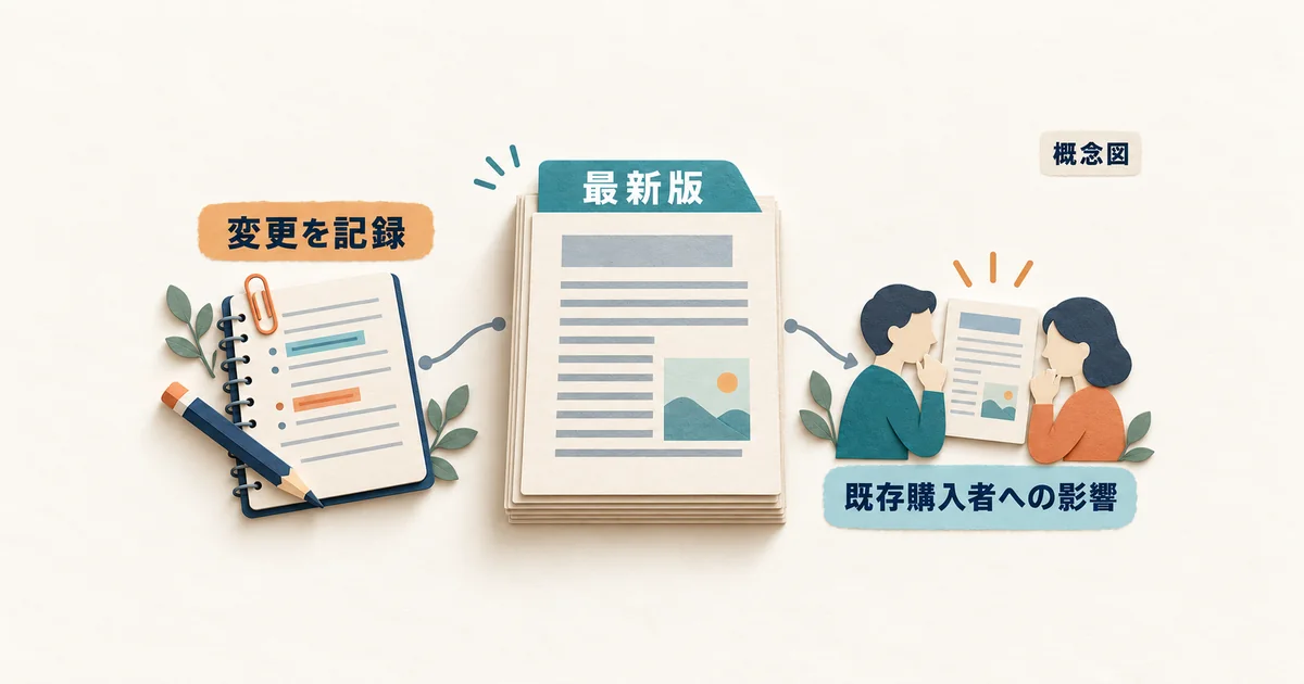 記事の最新版と変更記録を照合し、更新や削除が既存購入者に与える影響を確認する概念図