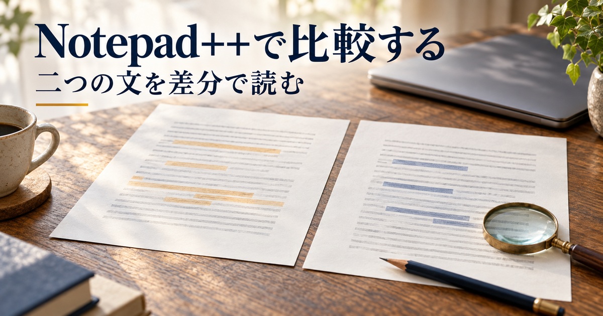 二つの文章を並べて比較する紙と虫眼鏡のAI概念イメージ