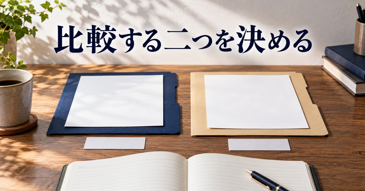 比較対象の二つを分けるフォルダーとノートのAI概念イメージ