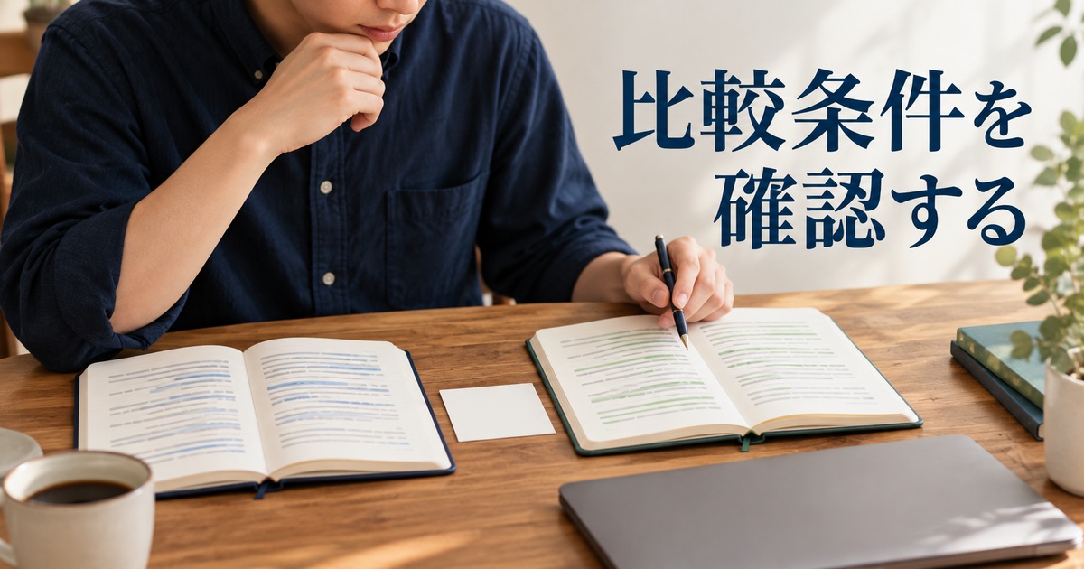 比較条件を読み比べる二冊のノートのAI概念イメージ