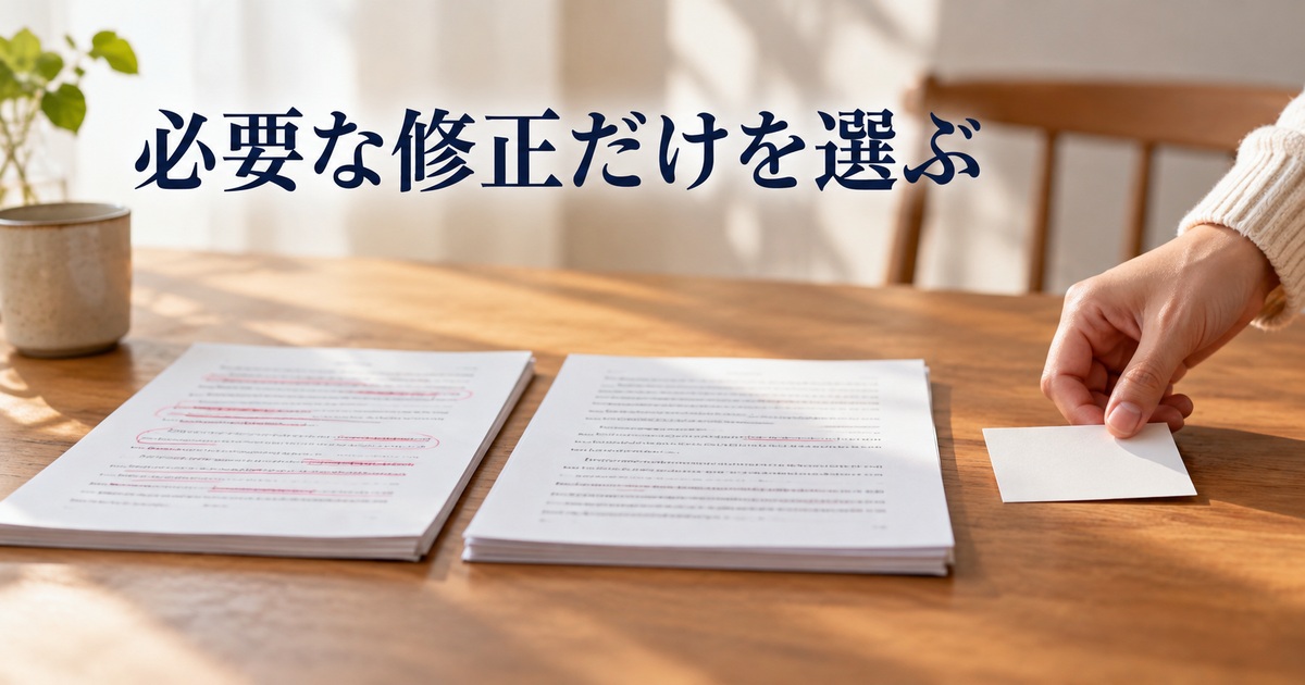 必要な修正を選ぶ紙と一枚のカードのAI概念イメージ