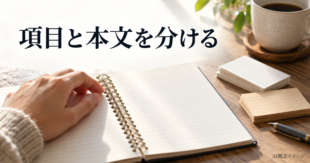 一覧の項目と長い本文を分けるノートとカードのAI概念イメージ