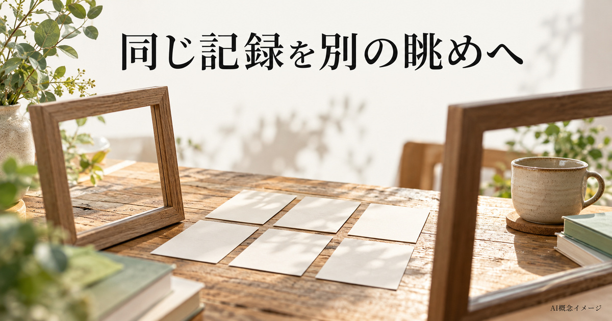 同じ六件のカードを二つのフレームから見るAI概念イメージ