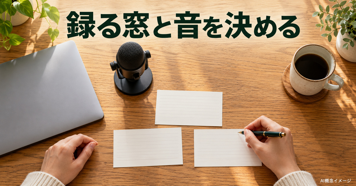 録る対象と音を三枚のカードで整理するAI概念イメージ