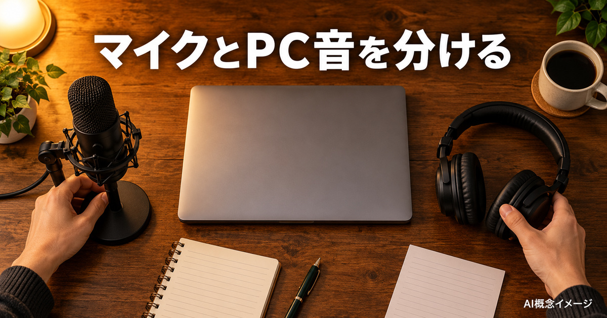 マイクと再生音の経路を分けて考えるAI概念イメージ