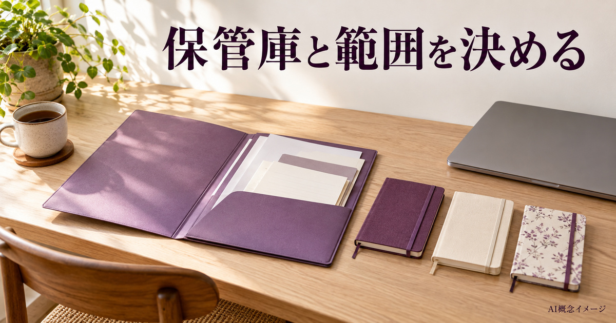 練習用の保管庫と扱う範囲を表すフォルダーと三冊のノートのAI概念イメージ