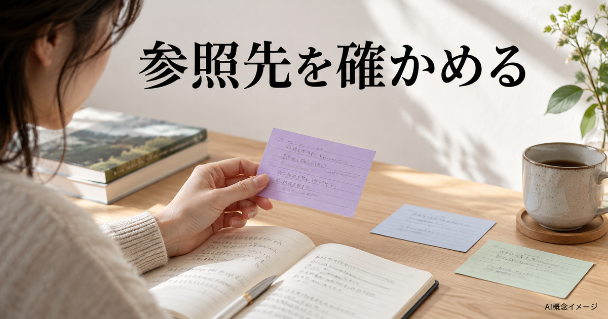 参照先の内容をカードとノートで確かめるAI概念イメージ