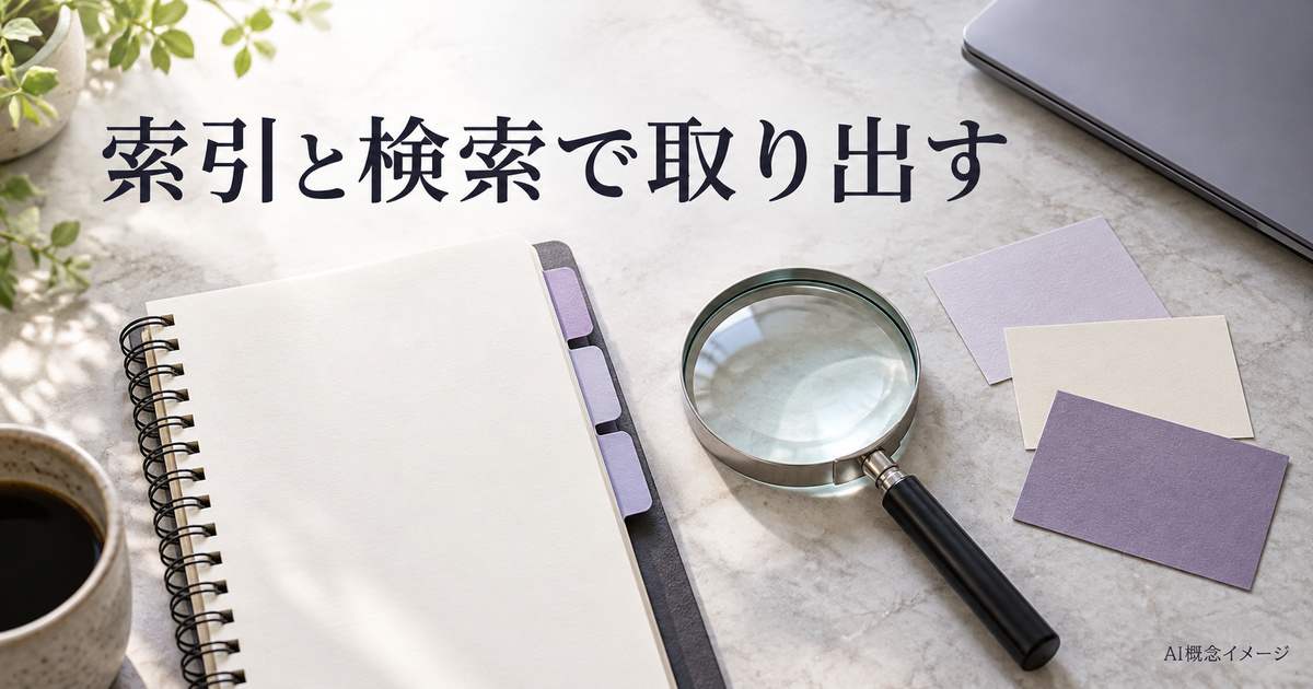 索引と検索で必要な説明を取り出すノートと虫眼鏡のAI概念イメージ