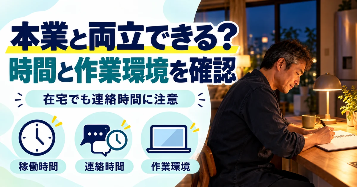 オンライン秘書の副業:本業と両立できる?、時間と作業環境を確認。稼働時間・連絡時間・作業環境を図解