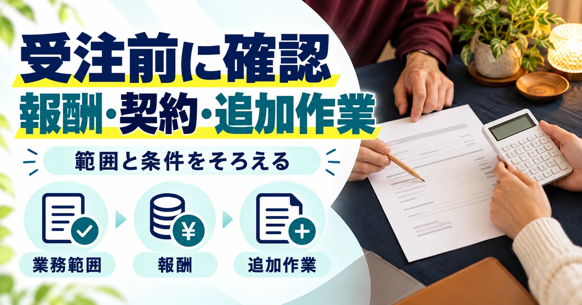 オンライン秘書の副業:受注前に確認、報酬・契約・追加作業。業務範囲・報酬・追加作業を図解