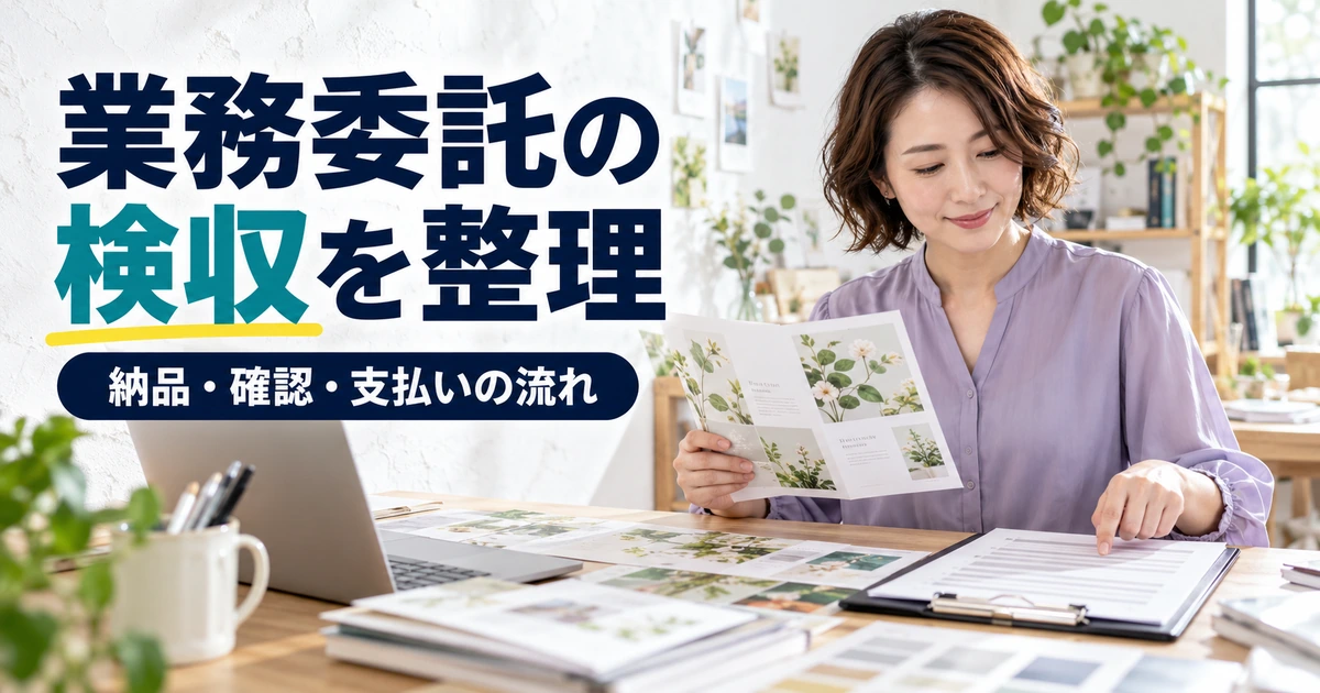 制作物と確認資料を比較し、業務委託の検収を進める女性