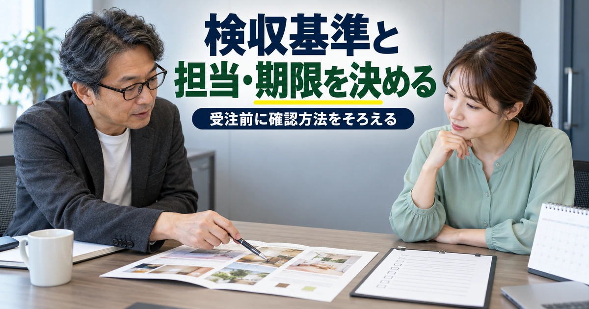 制作見本と確認表を囲み、検収基準と担当・期限を相談する二人