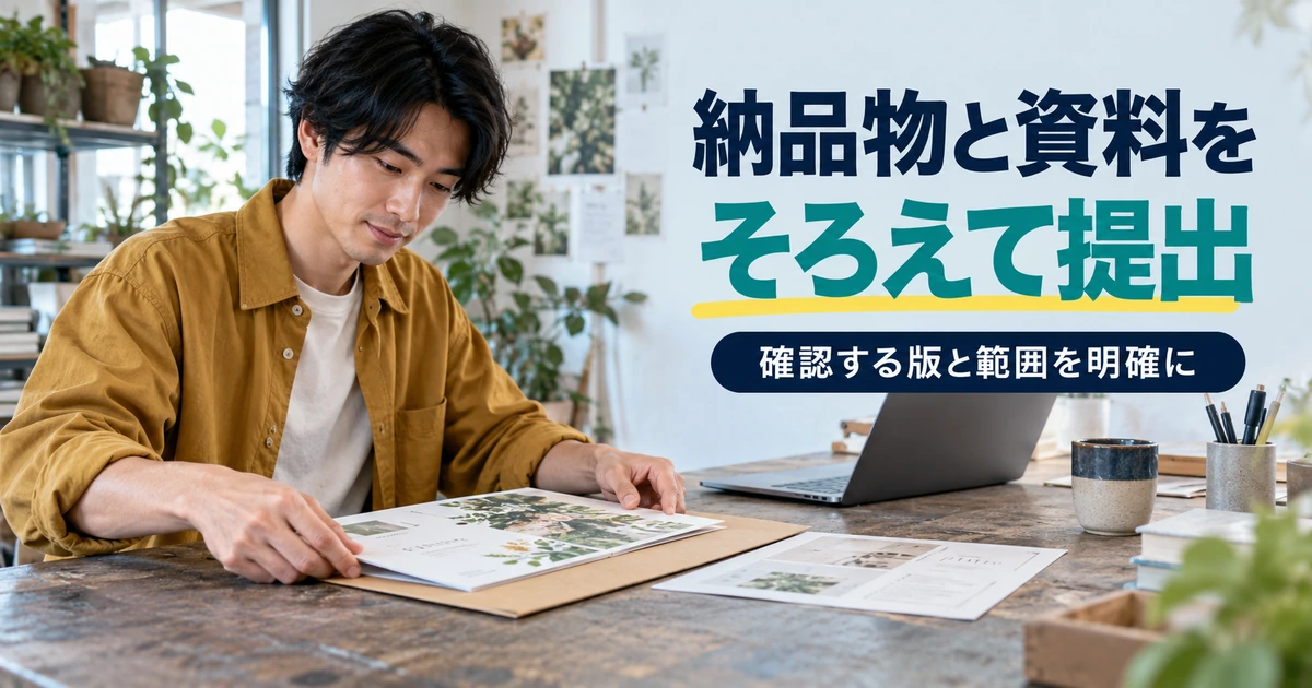 納品する作品と確認資料をそろえ、提出する版を整理する男性