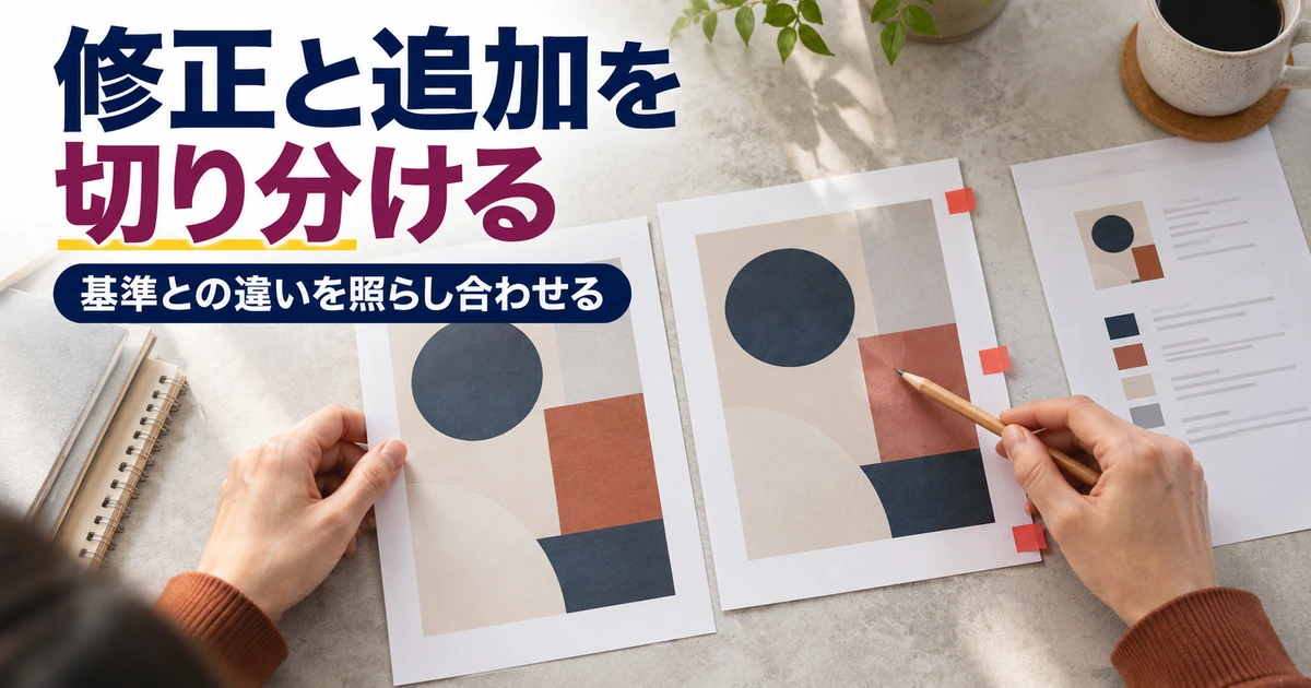 二つの制作見本と仕様資料を比較し、修正点と追加要望を整理する手元