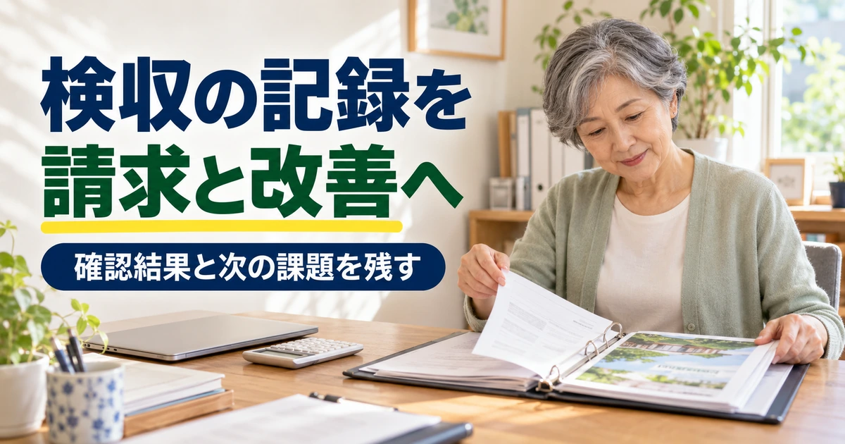 確認した制作物と記録をまとめ、請求と次回の改善に備える女性