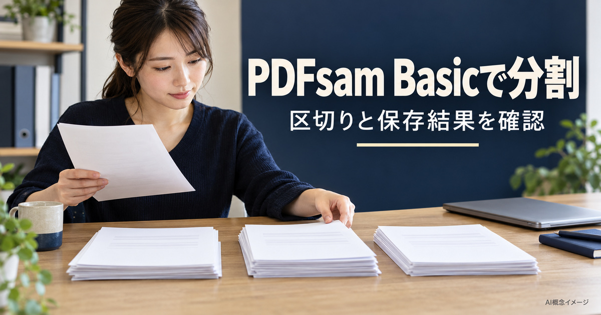 元資料と三つのまとまりを見比べるPDFsam BasicのAI概念イメージ