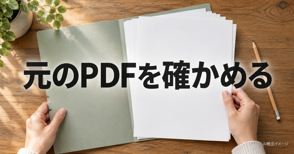 元のPDFを確かめる紙とフォルダーのAI概念イメージ