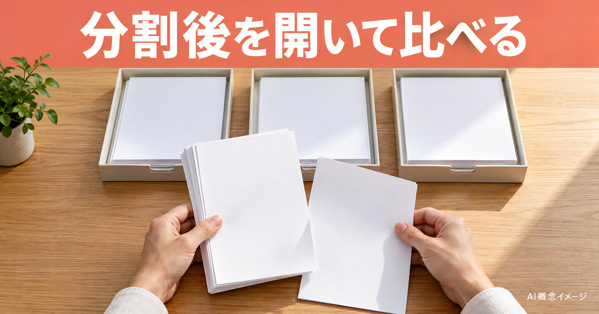 分割後のまとまりを比較するトレーと紙のAI概念イメージ