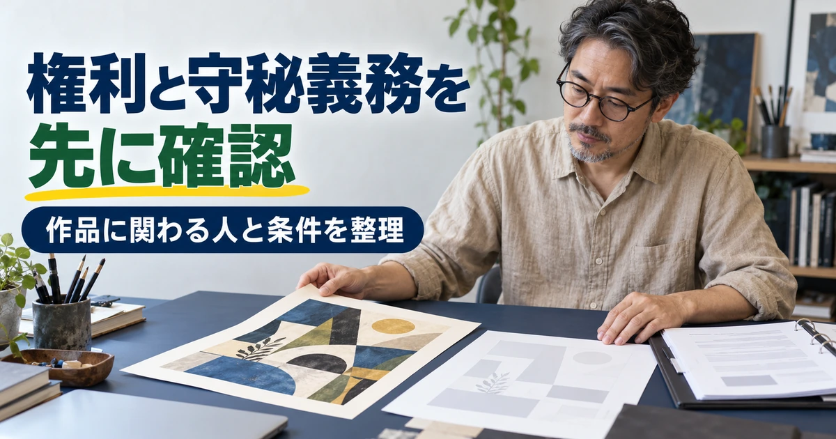 作品と契約資料を照らし、権利や守秘義務の条件を確認する男性