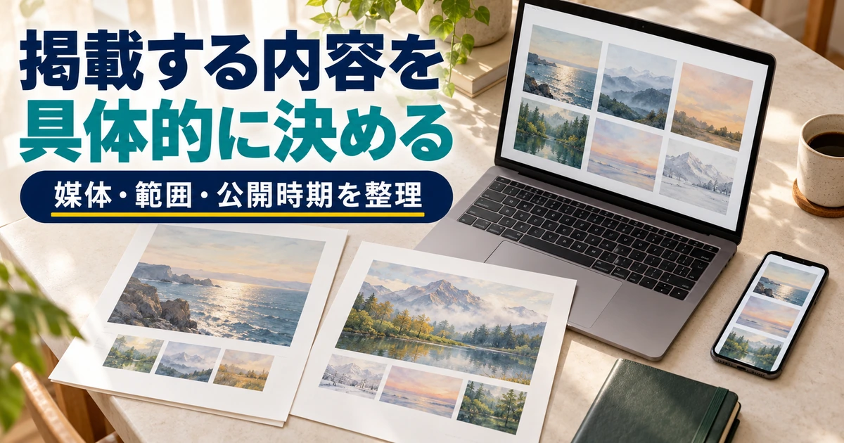 画面と紙の作品見本を並べ、掲載媒体と公開する範囲を具体化する机上