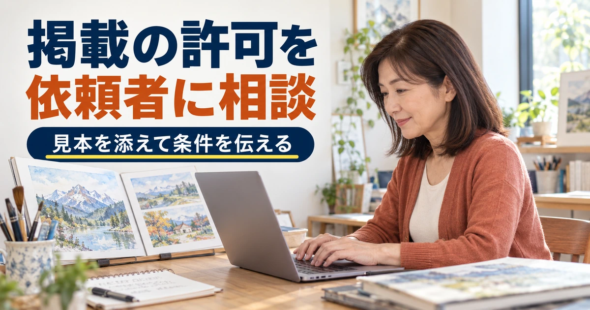 掲載したい作品見本を確認しながら、依頼者への許可相談を作成する女性