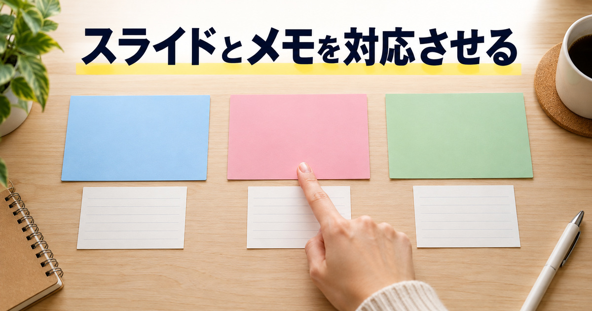 三枚のスライドと三つのメモを一組ずつ対応させる写真イメージ