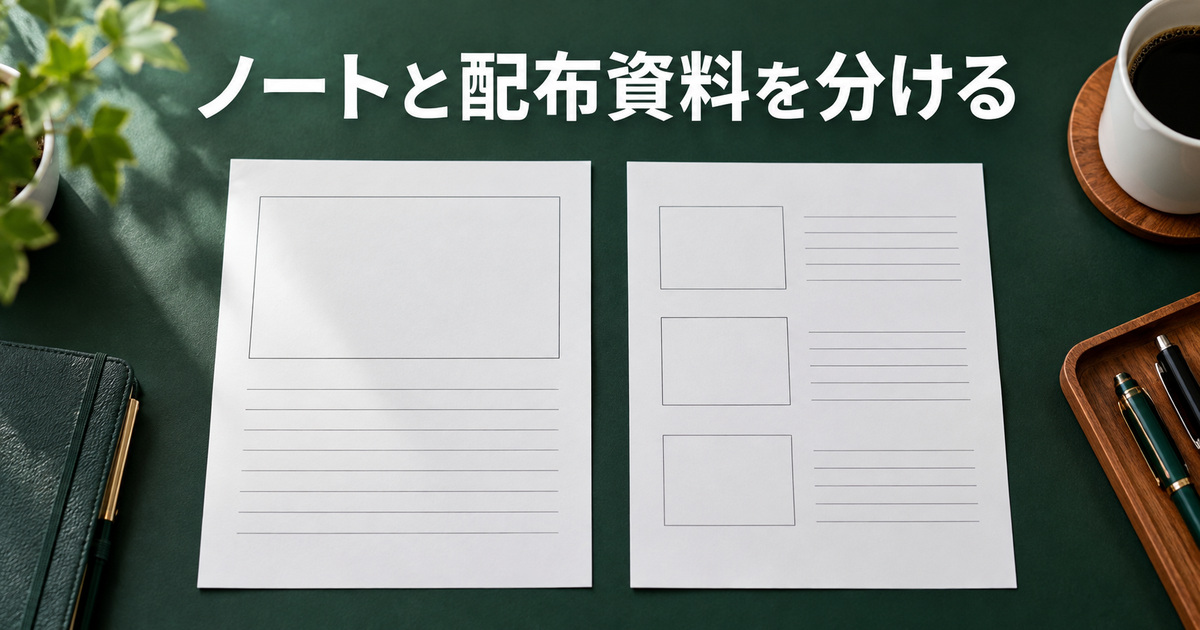 ノート用の紙面と三枚組の配布資料用の紙面を分ける写真イメージ