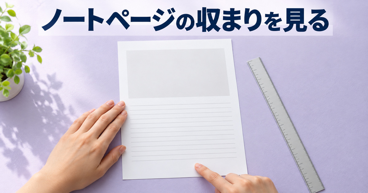 ノート本文の領域と紙の余白の収まりを確認する写真イメージ