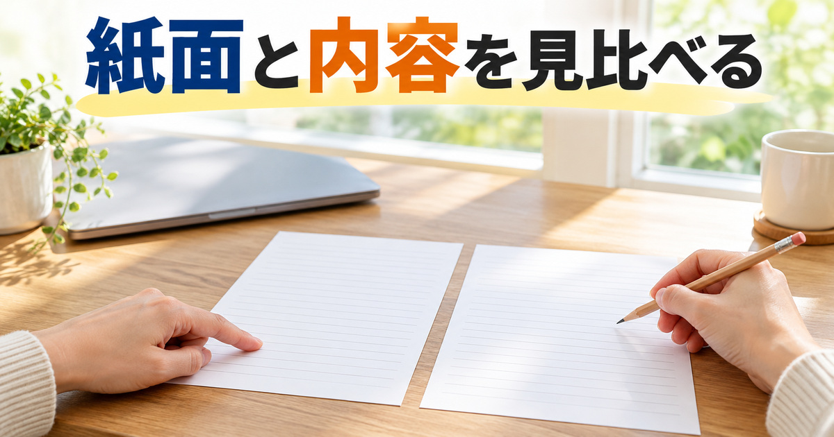 出力した紙面の末尾と内容を見比べる写真イメージ
