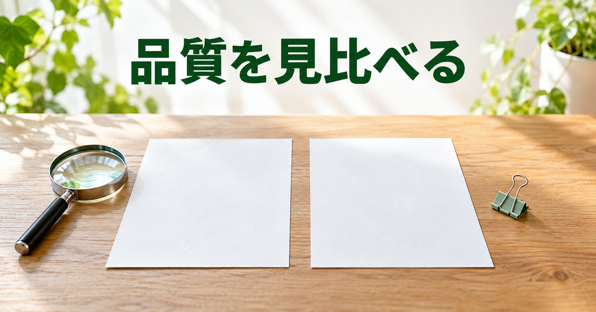 品質の比較を表す二枚の無地の紙と虫眼鏡のAI概念写真