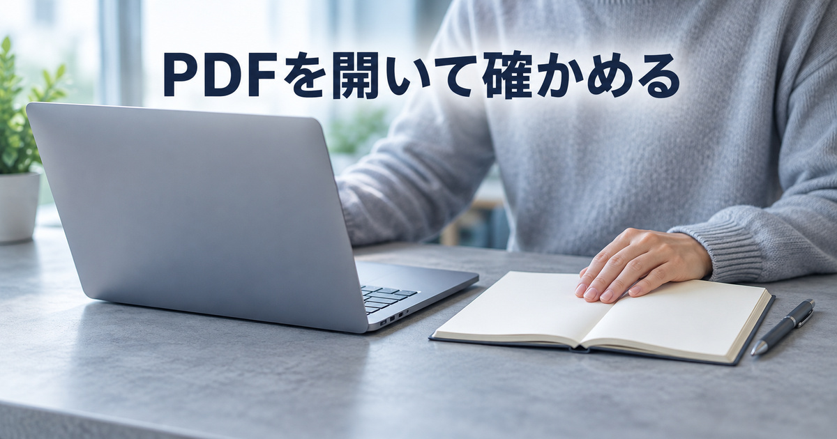 PDFの内容確認を表すノートパソコンと無地のノート、ペンのAI概念写真