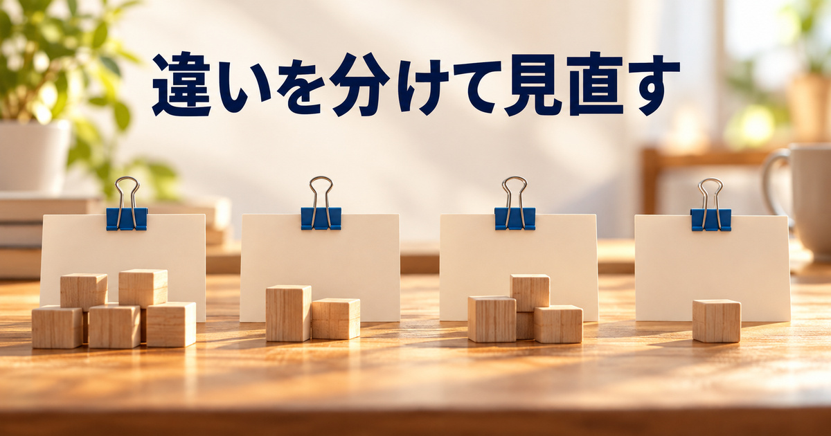 出力の違いを整理することを表す無地のカードとクリップ、木製ブロックのAI概念写真