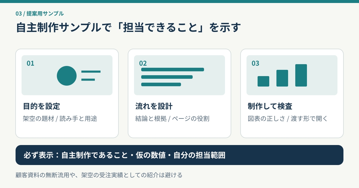 自主制作サンプルを目的設定、構成設計、制作と検査の三段階で作り、担当範囲を示す図