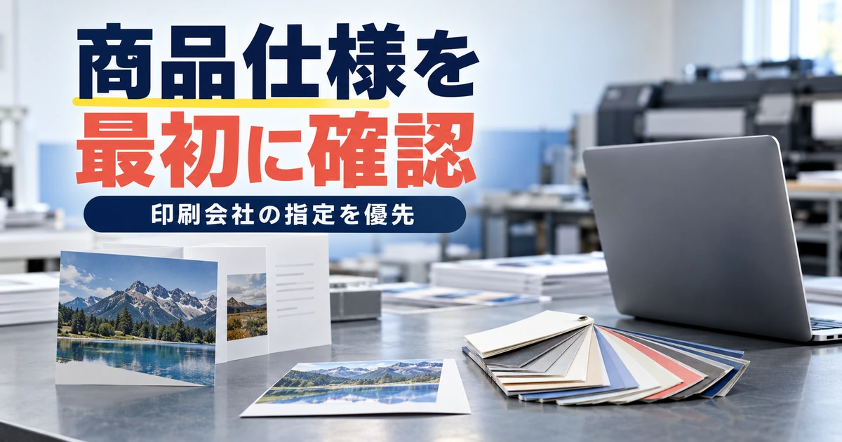 カード・折りパンフレット・用紙見本を並べて商品仕様を検討する場面