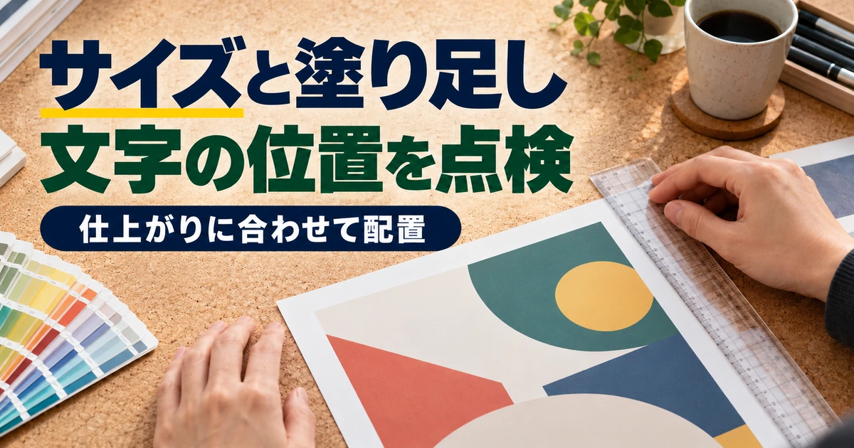 印刷見本の端と余白を定規で確認し、仕上がり位置を点検する手元