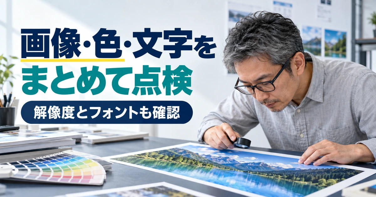 印刷見本と色見本を並べ、画像・色・文字の仕上がりを確認する男性