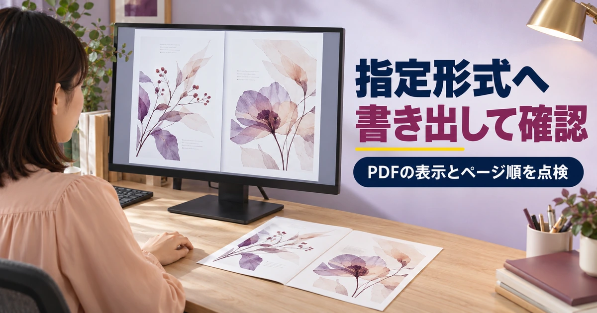 書き出したPDFの見え方とページの並びを画面と紙で確認する作業