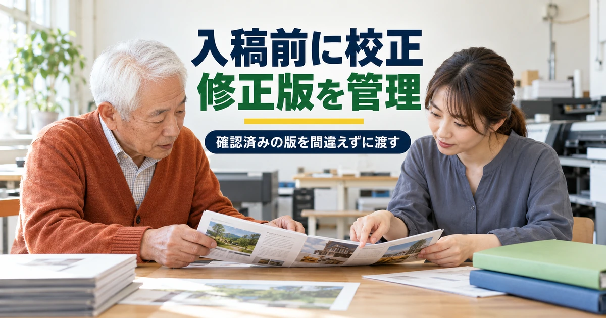 印刷用の校正見本を二人で確認し、入稿する版を整理する場面
