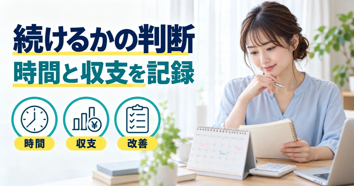 ノートとカレンダーを確認する女性と、時間・収支・改善を示す図
