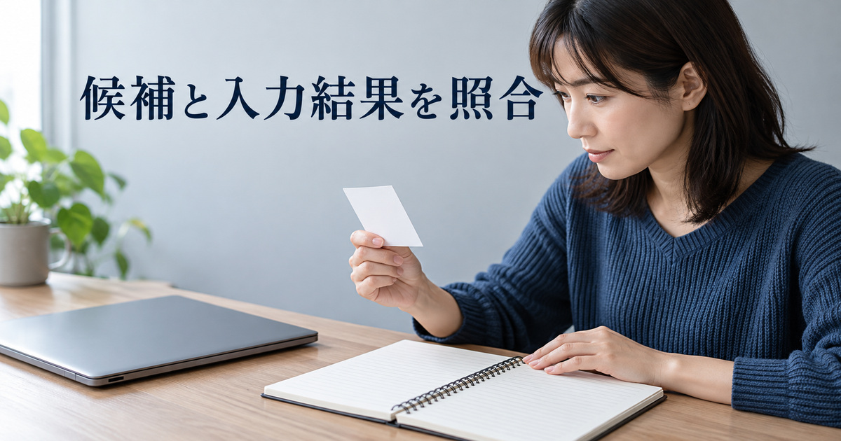選んだ候補と入力された文字を照らすAI概念イメージ