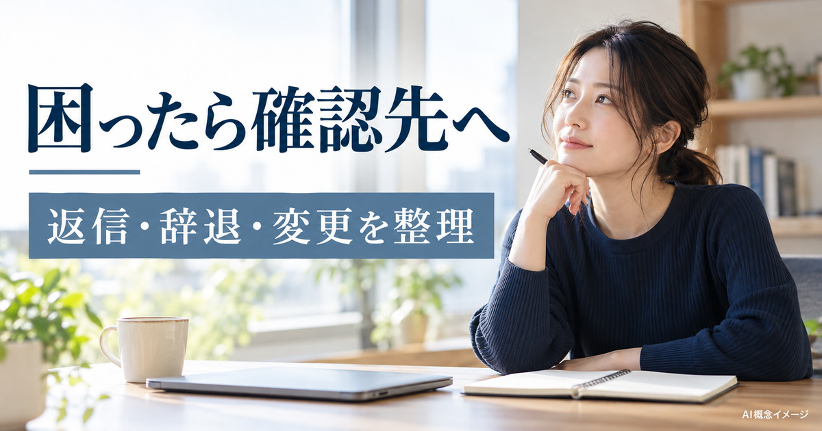 返信や辞退と変更について確認先を考えるAI概念イメージ